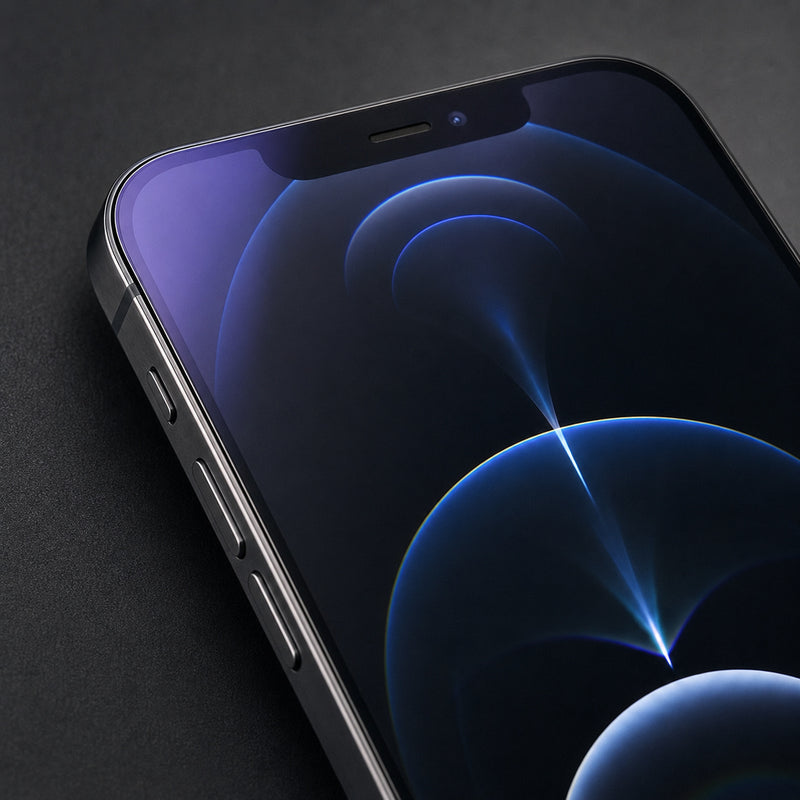 Apple iPhone 12 Pro Anti-Blue Light hydrogel screen protector – close-up of the fitted blue-violet reflective finish