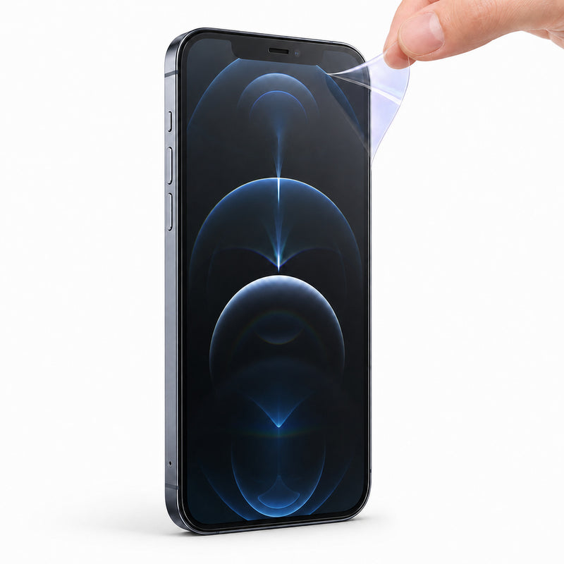 Apple iPhone 12 Pro Anti-Blue Light hydrogel screen protector – studio hero with a deliberately lifted flexible-film corner