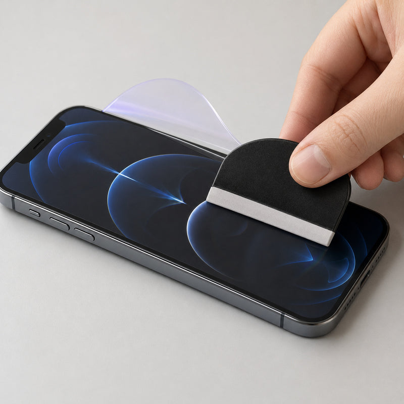 Apple iPhone 12 Pro Anti-Blue Light hydrogel screen protector – flexible film being fitted with the supplied squeegee