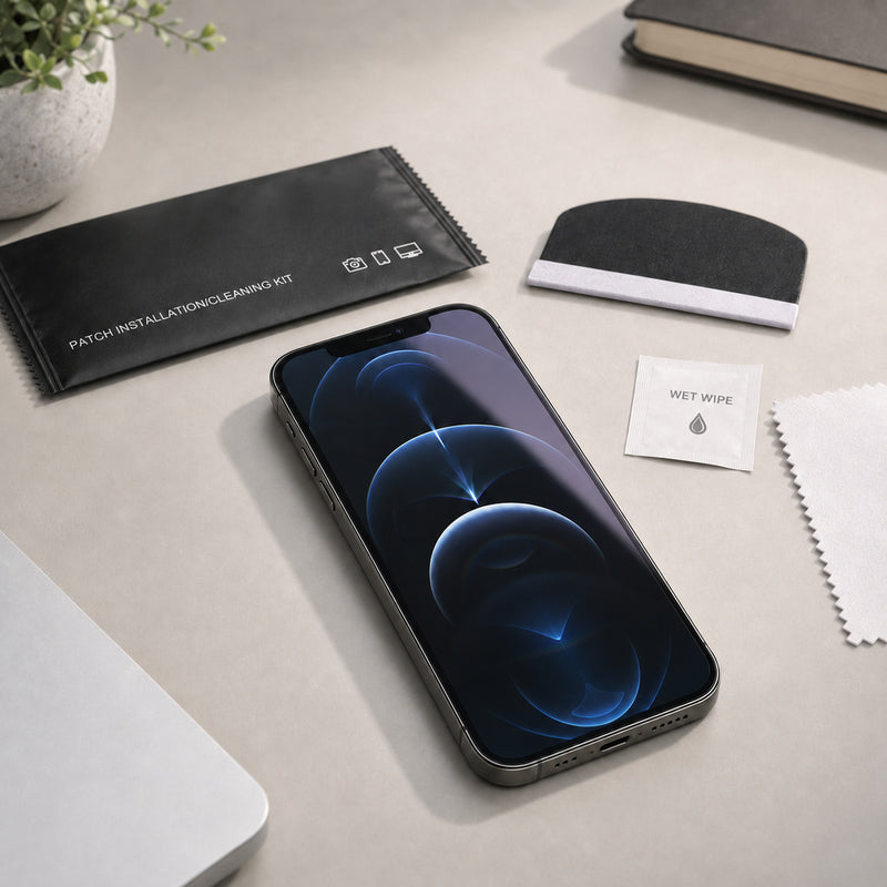 Apple iPhone 12 Pro Anti-Blue Light hydrogel screen protector – fitted phone and installation accessories on a workspace