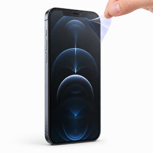Apple iPhone 12 Pro HD Clear hydrogel screen protector – studio hero with a deliberately lifted flexible-film corner