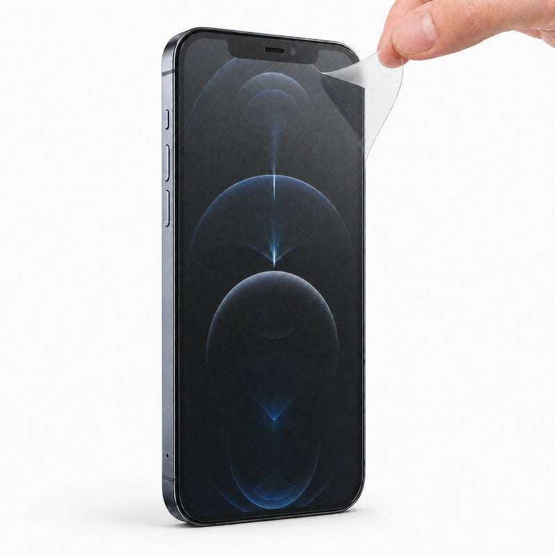 Apple iPhone 12 Pro Matte Privacy hydrogel screen protector – studio close-up with a deliberately lifted flexible-film corner