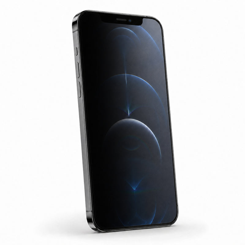 Apple iPhone 12 Pro Matte Privacy hydrogel screen protector – angled demonstration with the left side obscured and right side visible