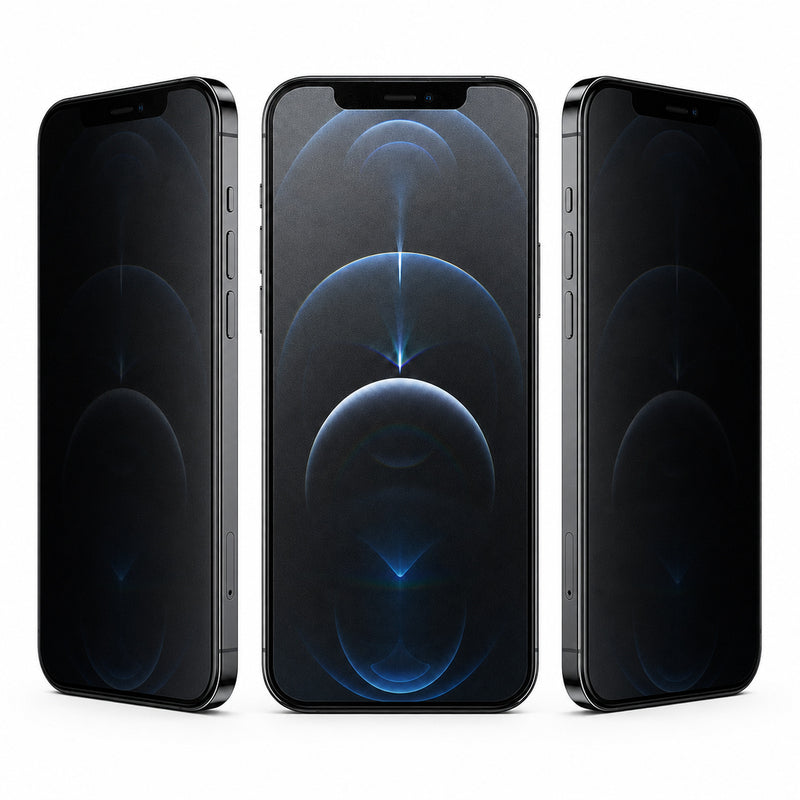 Apple iPhone 12 Pro Matte Privacy hydrogel screen protector – front and angled views demonstrating side-view privacy