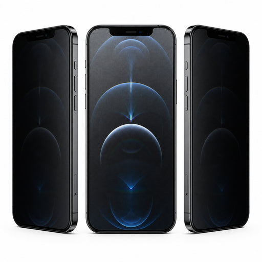 Apple iPhone 12 Pro Matte Privacy hydrogel screen protector – front and angled views demonstrating side-view privacy
