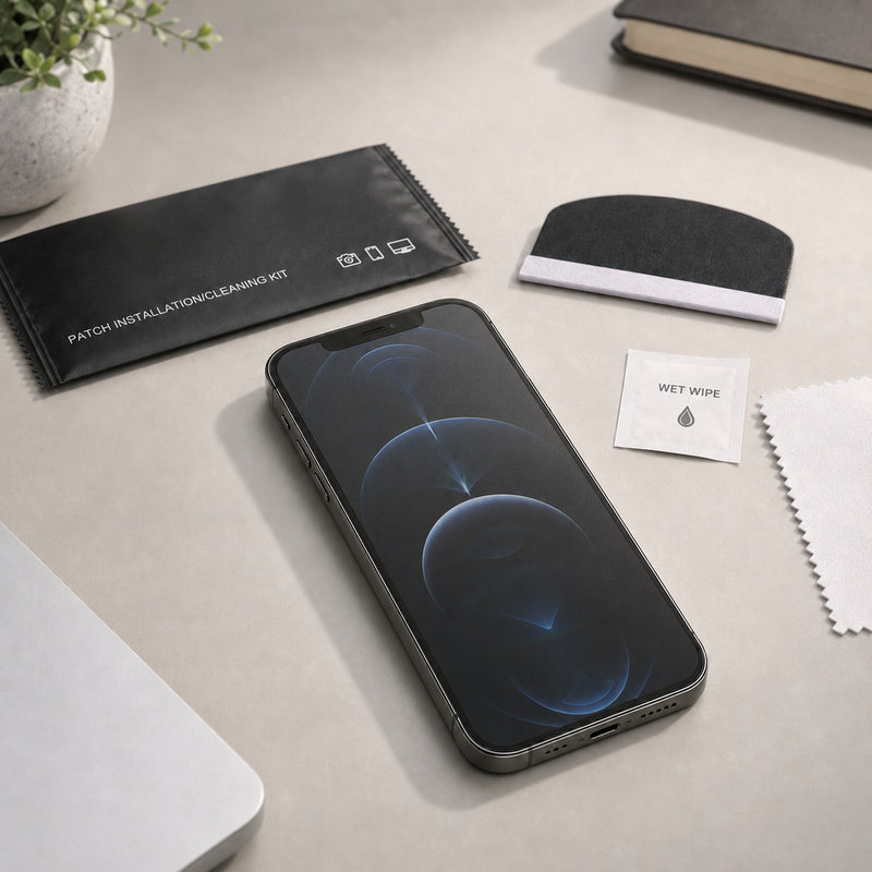 Apple iPhone 12 Pro Matte Privacy hydrogel screen protector – fitted phone and installation accessories on a workspace