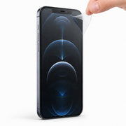 Apple iPhone 12 Pro Matte hydrogel screen protector – studio hero with a deliberately lifted flexible-film corner