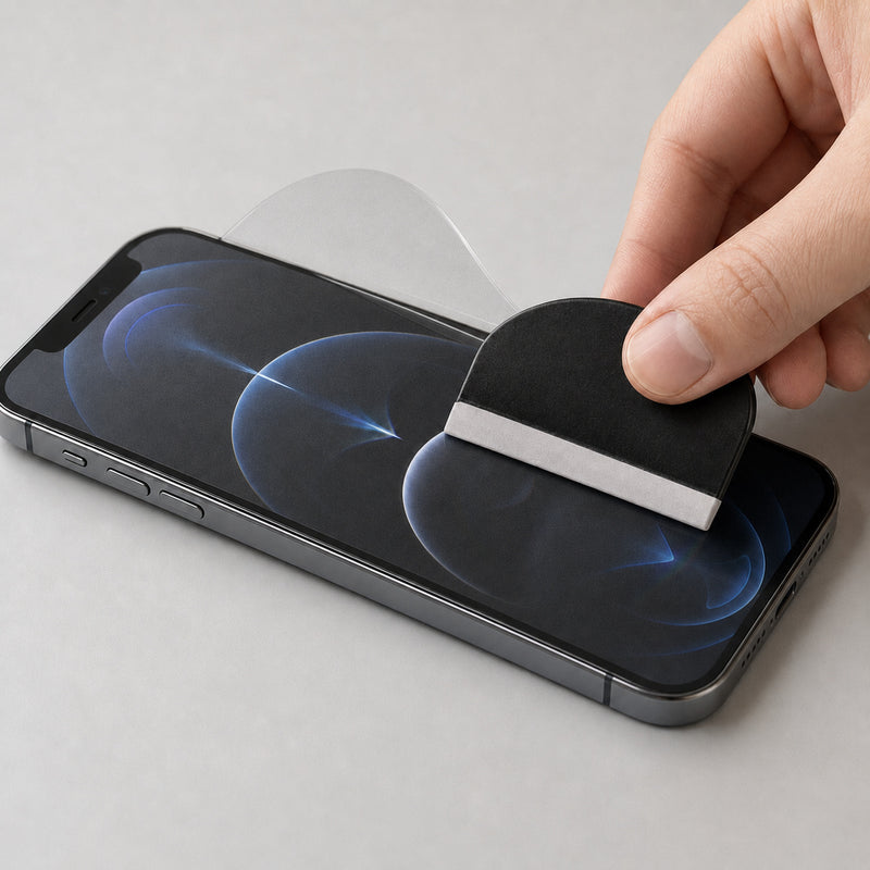 Apple iPhone 12 Pro Matte hydrogel screen protector – flexible anti-glare film being fitted with the supplied squeegee