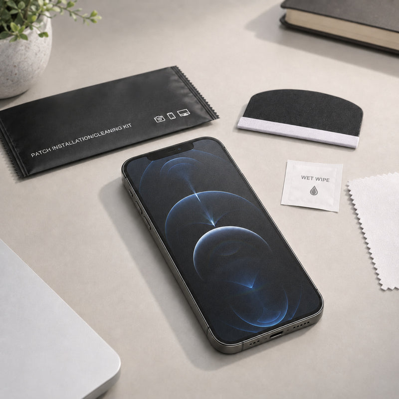 Apple iPhone 12 Pro Matte hydrogel screen protector – fitted phone and installation accessories on a workspace